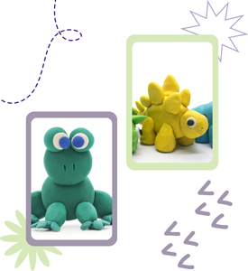 2 photographs of items made with clay; a frog and a dinosaur