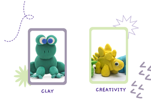 photographs of a green frog and a yellow dinosaur made out of clay