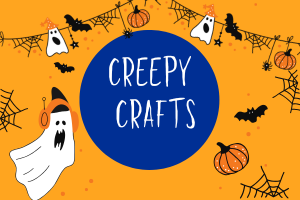 illustrations of ghosts, cobwebs and pumpkins on an orange backgrounc