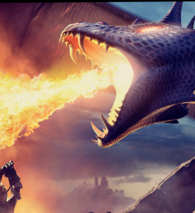 illustration of a dragon breathing fire at a knight