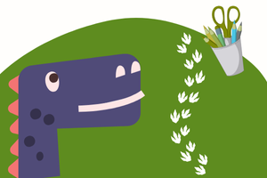 illustration of a dinosaur head, along with dinosaur footprints and container of craft supplies