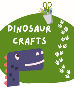 illustration of a dinosaur head, along with dinosaur footprints and container of craft supplies