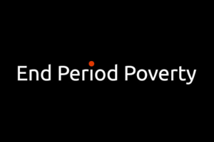 black rectangle with white words End Period Poverty. The dot of the 'i' is red