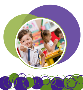 Photograph of a small boy doing a thumbs up on a background of purple and green circles