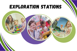 3 photographs in circles of children playing with objects at tables