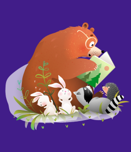 an illustration of a bear wearing glasses reading a book to rabbits, a raccoon and a hedgehog