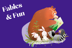 illustration of a bear wearing glasses and reading a book to 2 rabbits, racoon and hedgehog