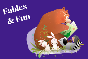 illustration of a bear wearing glasses and reading a book to rabbits, a raccoon and a hedgehog