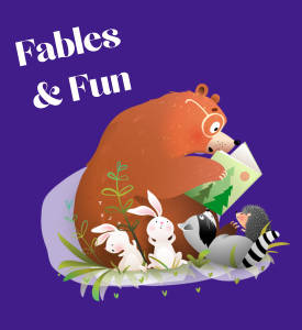 illustration of a bear wearing  glasses and reading a book to 2 rabbits, a raccoon and hedgehog