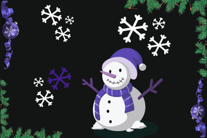 illustration of a snowman wearing a purple scarf surrounded by snowflakes and garlands on a black background