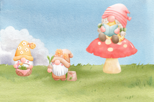 illustration of gnomes in the grass, two of them sitting on mushrooms