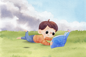 watercolor illustration of a boy laying on the grass with a book