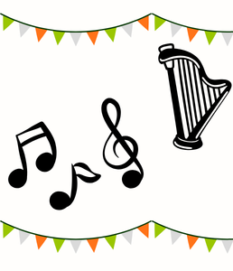 illustration of a harp, music notes and a treble clef