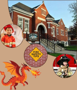 photographs of the front of West Perth Public Library, children in firefighter's gear and an illustration of a dragon