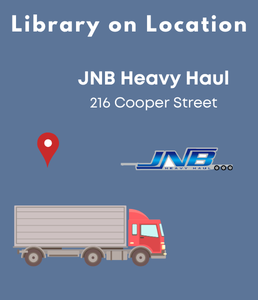 illustration of a tractor trailer truck and JNB Heavy Haul logo