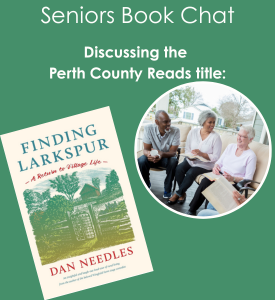 a photo of a group of people sitting on  porch holding books and a photo of the cover of Finding Larkspur