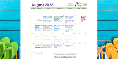 page of a calendar on the background of a photograph of flip flops and a star fish
