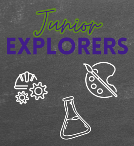 illustrations of cogs, a beaker and a painter's palette on a blackboard background