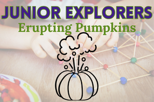 line drawing of a pumpkin with an explosion coming out of the top and the words Junior Explorers
