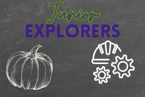 white illustrations of a pumpkin and hardhat and gears on a blackboard backgroud