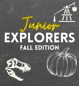 illustrations of a trebuchet, dinosaur skull, and pumpkin on a blackboard background