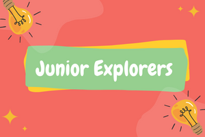 The words Junior Explorers on a pink background with 2 light bulbs in diagonal corners