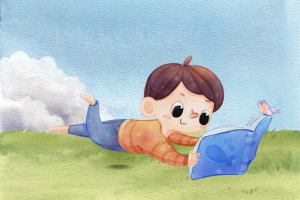illustration of a young boy lying on the grass with a book