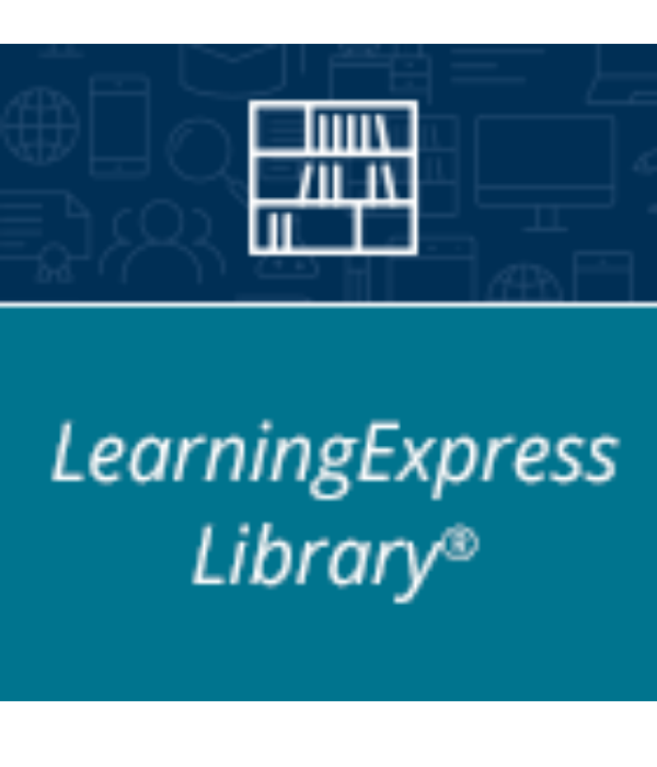 Navy and teal button with text LearningExpress Library