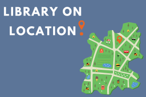 illustration of a map on a blue background with the Words Library on Location