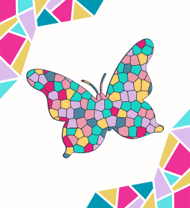 illustration of a butterfly done in mosaic loloured areas with a mosaic edging to the entire design