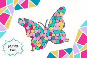 illustration of a butterfly done in mosaic coloured areas with a mosaic edging to the entire design
