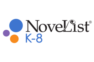 The words Novelist K-8 on a white background with multi-colour circles to the left of the word
