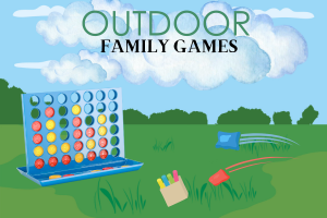illustration of a green park with a Connect 4 game, bean bags and chalk