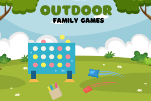 illustration of a park with a Connect 4 game, bean bags and chalk