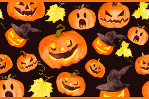 Illustration of numerous jack-o-lantern faces