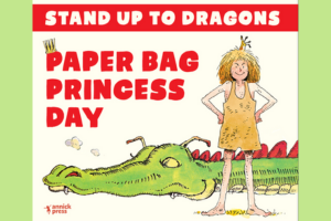 Illustration of a dragon and a princess wearing a paper bag