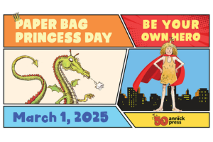 illustration of a dragon and the princess from The Paper Bag Princess who is dressed in a paper bag, cape and a crown