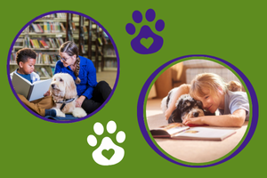 2 photos of children reading to dogs on a green background