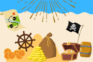 Illustration of a sandy beach with a pirate flag, treasure chest and treasure map