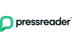 the word pressreader with the green logo that looks like a speech bubble beside it