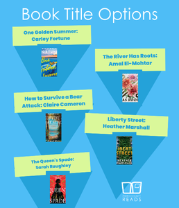 Covers of selected titles on a blue background