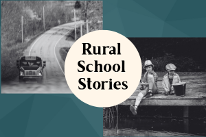 black and white photographs of a school bus and another of 2 boys fishing at a dock 