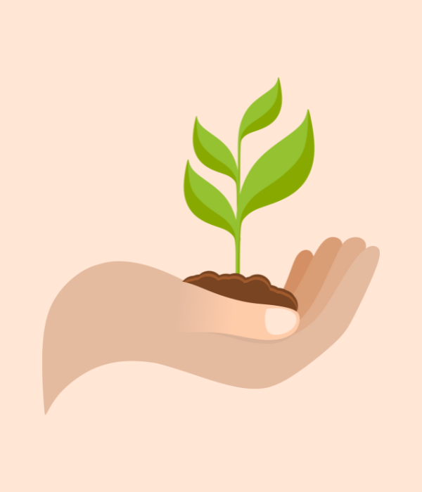 illustration of a hand holding soil and a plant growing from the soil