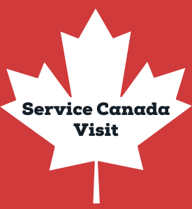 White maple leaf on a red background with the words Service Canada Visit