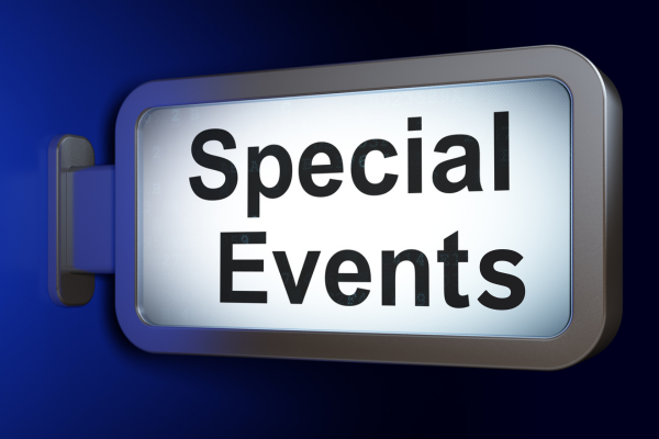 backlit sign that says 'Special Events'