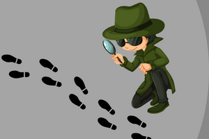 illustration of a person in a trenchcoat looking at footprints through a magnifying glass