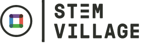 four coloured lines form a square enclosed by a black circle; next to the words Stem Village