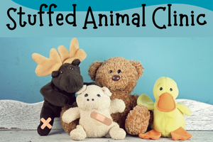 photograph of 4 stuffed animals that have a few bandages on them