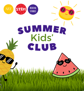 illustrations of a pineapple and a slice of watermelon wearing sunglasses on a grassy lawn under the sun