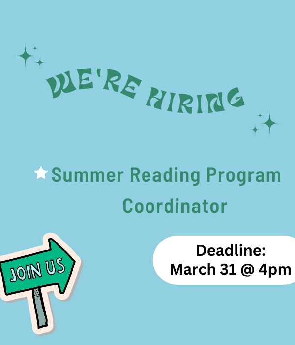 Words "We're hiring" "Summer Reading Program Coordinator"